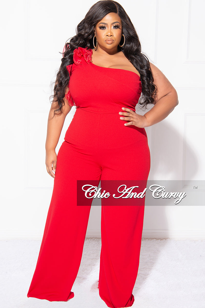 Final Sale Plus Size One Shoulder Ruffle Jumpsuit in Red – Chic And Curvy