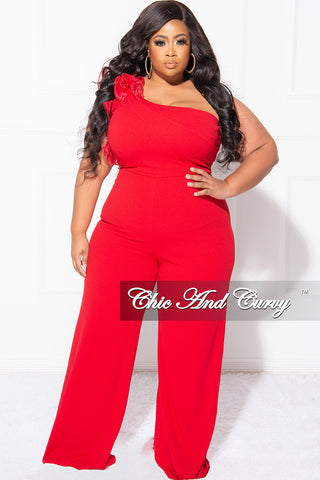 Final Sale Plus Size One Shoulder Ruffle Jumpsuit in Red