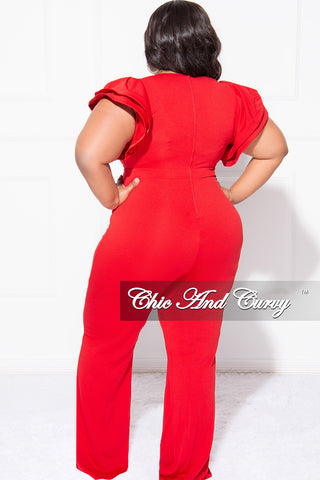 Final Sale Plus Size V-Neck Jumpsuit with Ruffle Sleeves in Red