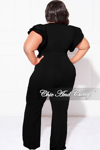 Final Sale Plus Size V-Neck Jumpsuit with Ruffle Sleeves in Black