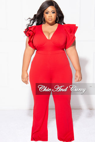 Final Sale Plus Size V-Neck Jumpsuit with Ruffle Sleeves in Red