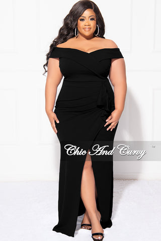 Final Sale Plus Size Off the Shoulder Gown with Front Slit and Side Ruffle in Black