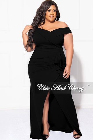 Final Sale Plus Size Off the Shoulder Gown with Front Slit and Side Ruffle in Black