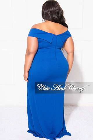 Final Sale Plus Size Off the Shoulder Gown with Front Slit and Side Ruffle in Royal Blue