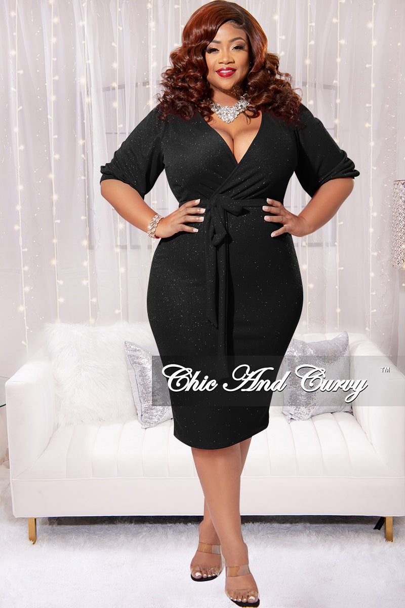 Final Sale Plus Size Faux Wrap BodyCon Dress with Waist Tie in Black Glitter