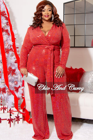 Final Sale Plus Size Long Sleeve Faux Sequin Wrap Jumpsuit with Attached Tie in Red