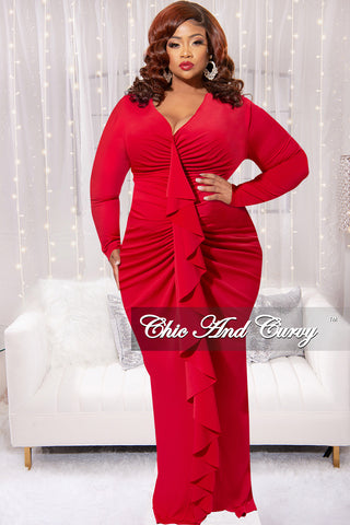 Final Sale Plus Size V-Neck Gown with Ruched Center & Ruffle in Red