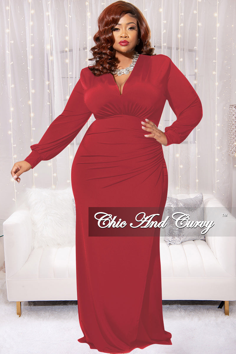 Final Sale Plus Size V-Neck Gown with Ruched Overlay in Red Chic And Curvy Final Sale Plus Size V-Neck Gown with Ruched Overlay in Red Chic And Curvy