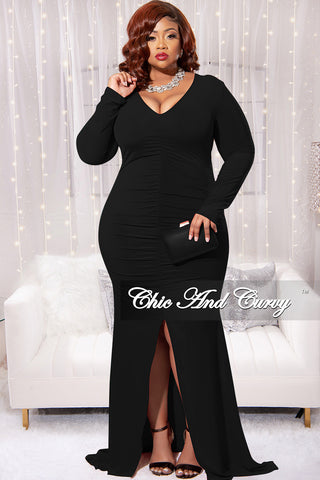 Final Sale Plus Size V-Neck Gown with Center Ruching and Slit in Black