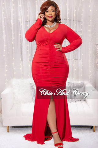 Final Sale Plus Size V-Neck Gown with Center Ruching and Slit in Red