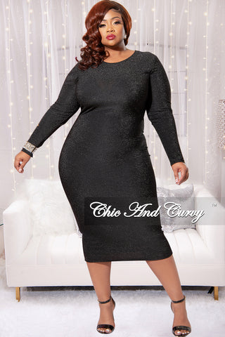 Final Sale Plus Size Midi Bodycon Dress in Black Glitter Fabric