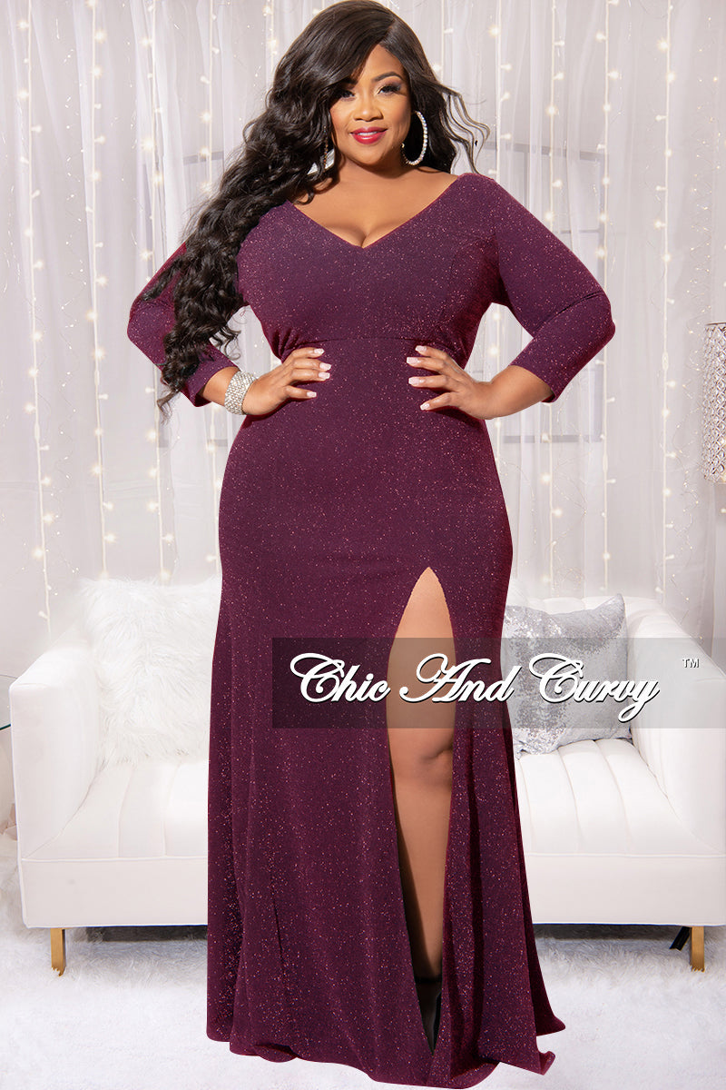 Final Sale Plus Size Shimmer Gown with Front Slit in Plum