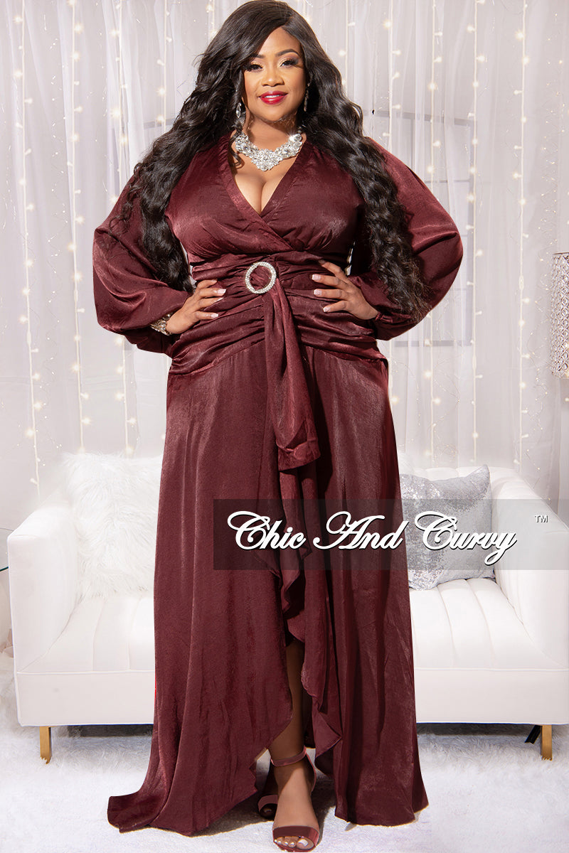 Final Sale Plus Size Chiffon Open Back Faux Wrap Balloon Sleeve Ruched Waist Draping High-Low Gown in Burgundy