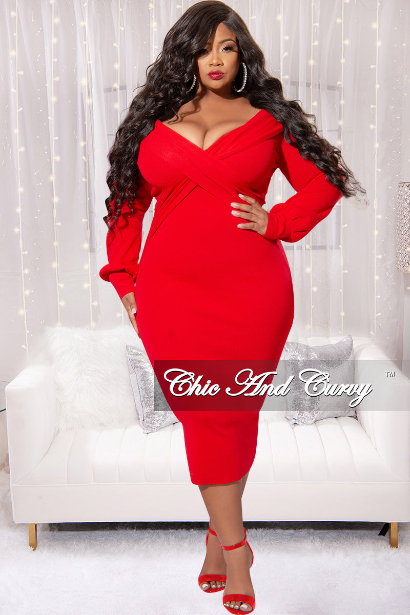 Final Sale Plus Size Long Sleeve Criss-Cross Off the Shoulder BodyCon Dress in Red