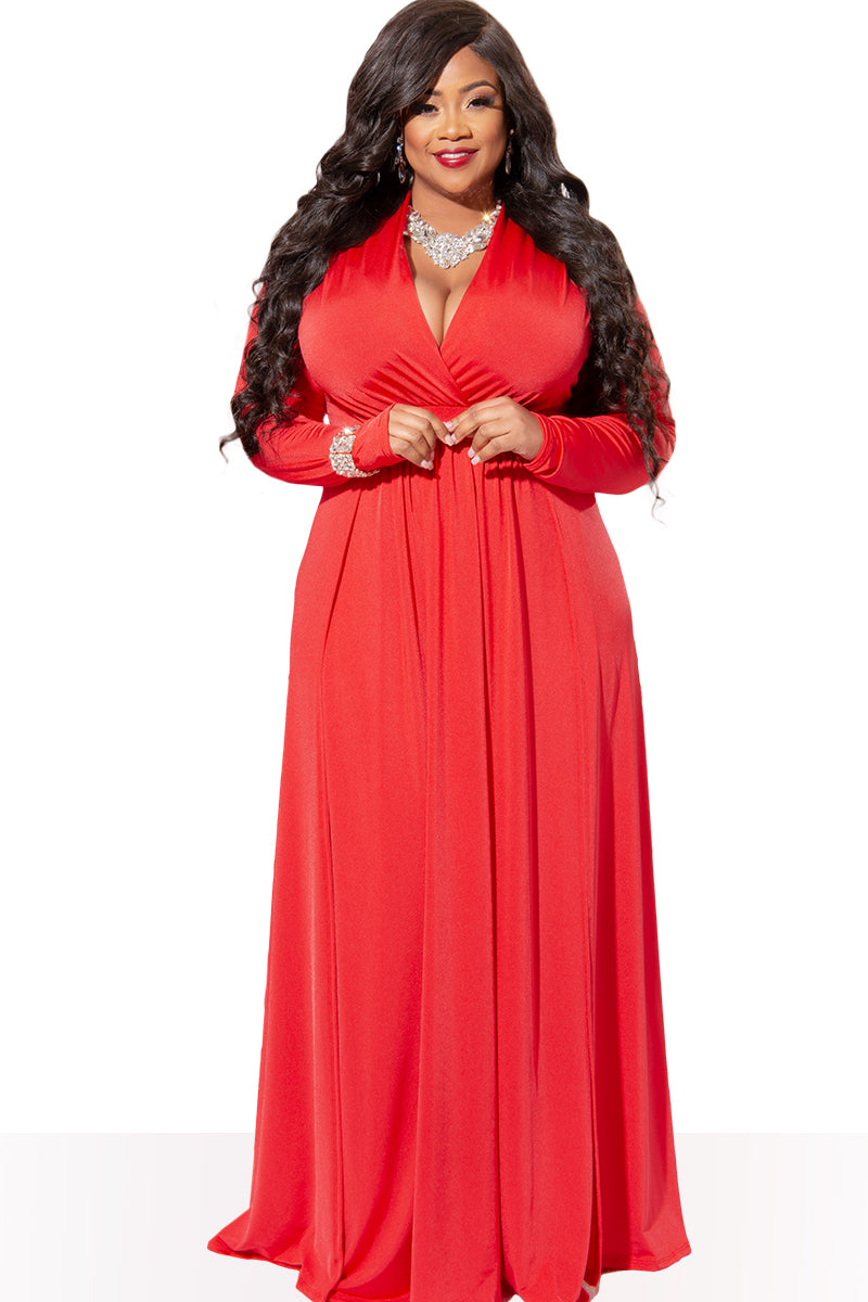 Final Sale Plus Size Faux Wrap Maxi Dress with Double Slits in Red