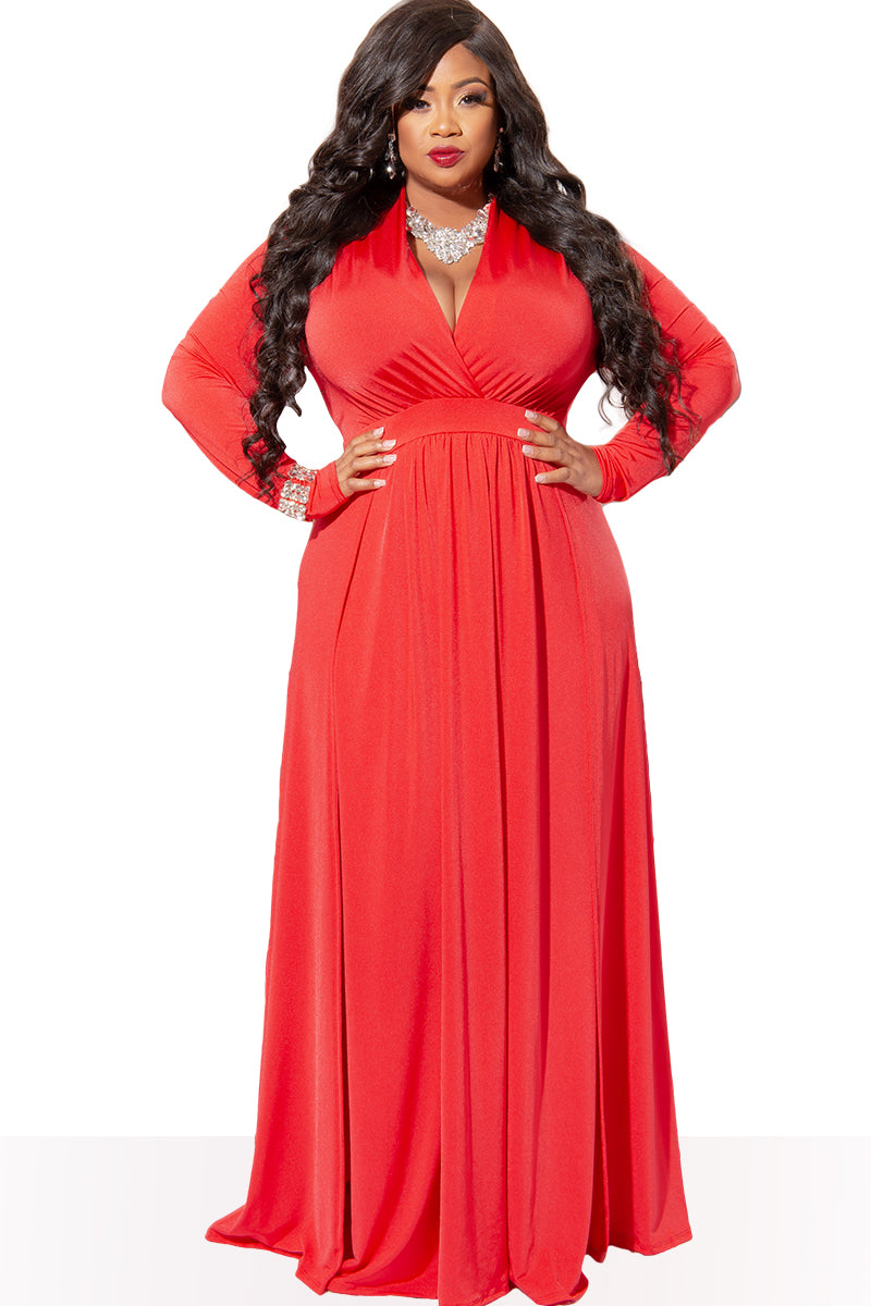 Final Sale Plus Size Faux Wrap Maxi Dress with Double Slits in Red