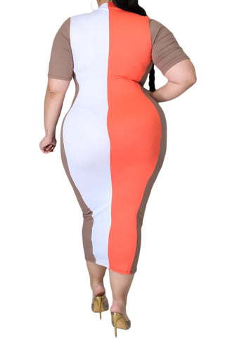 Final Sale Plus Size Colorblock Bodycon Dress in Coral Brown & White