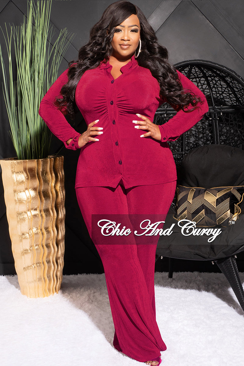 Final Sale Plus Size 2pc Slinky Button Up Collar Top and Pants Set in Magenta