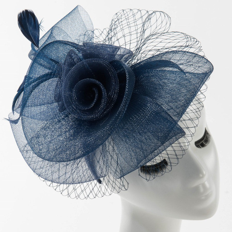 Final Sale Fascinator Hat with 3 Roses and Bow in Navy