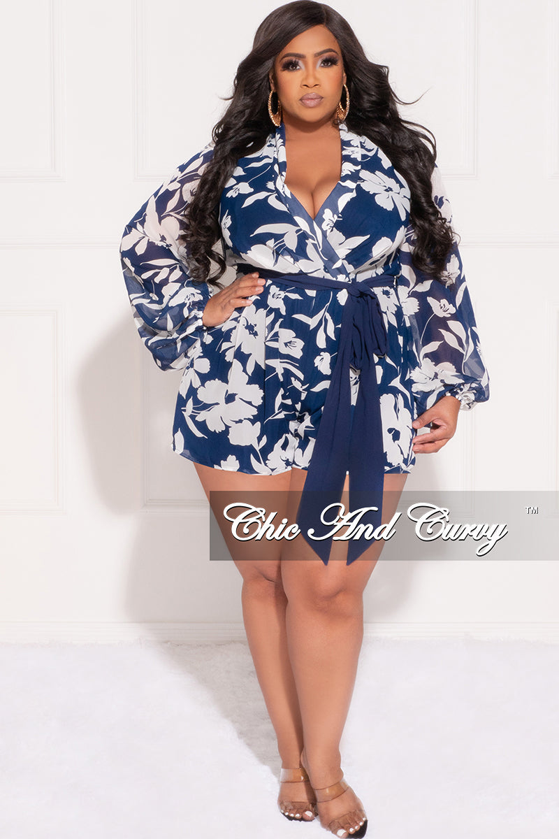 Final Sale Plus Size Faux Wrap Chiffon Romper in Navy and White Floral Print