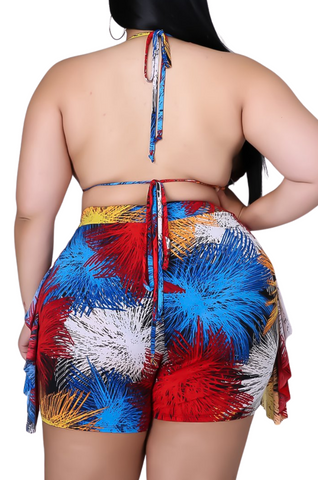 Final Sale Plus Size 2pc Poolside Playsuit (Bikini Top & High Waist Shorts) Set in Red Firework Print