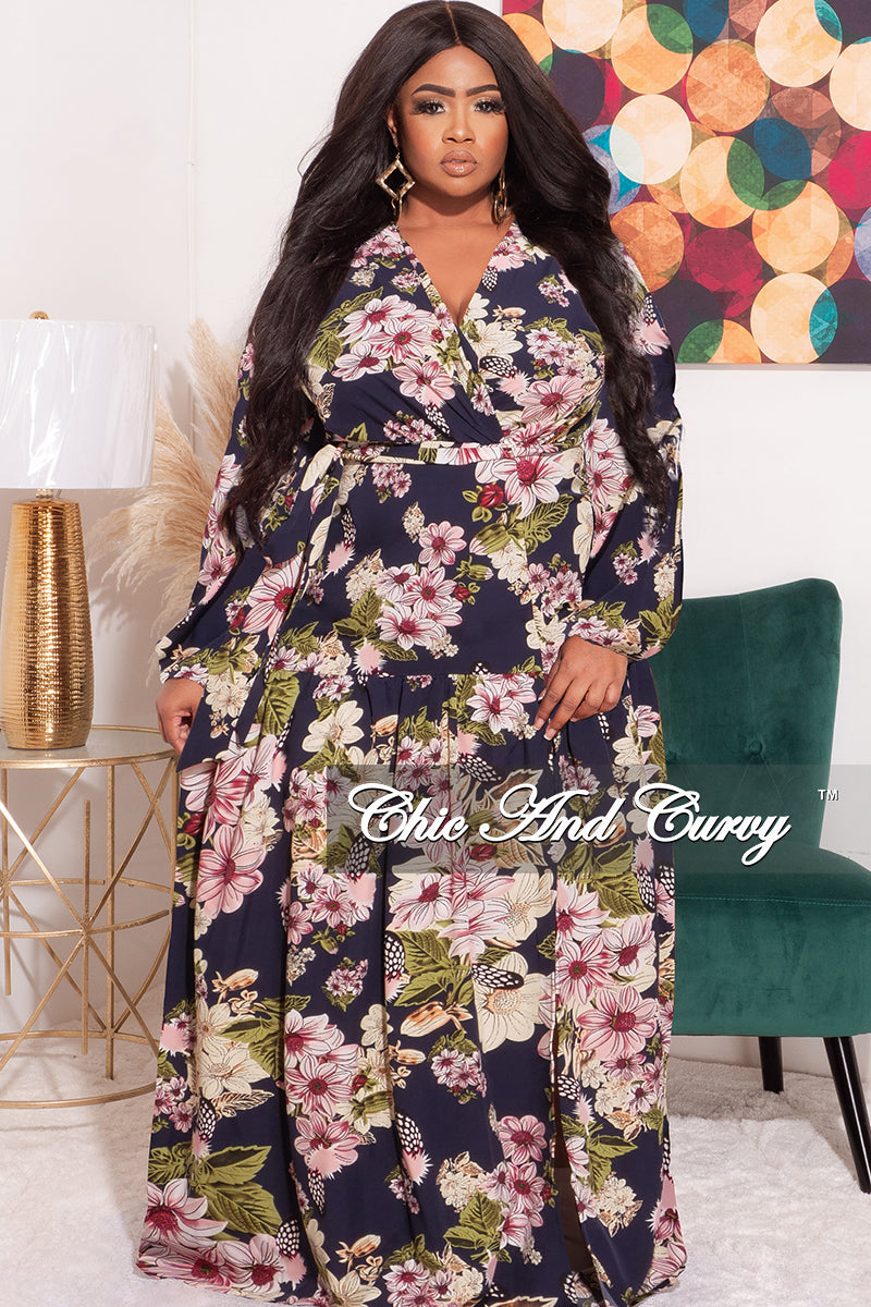 Final Sale Plus Size Faux Wrap Dress With Tie and Side Slit in Navy Floral Print Love