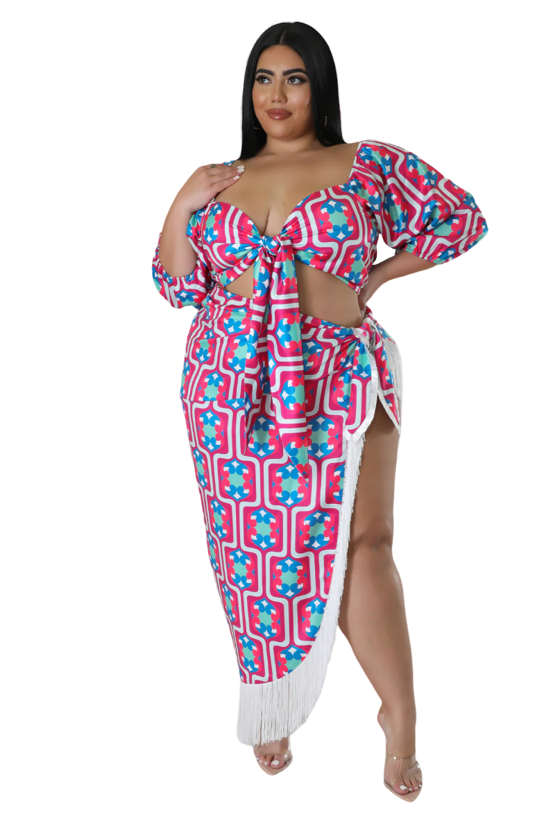 Final Sale Plus Size 2pc Stain Set (Crop Tie Top and Fringe Trim Skirt) in Magenta Design Print