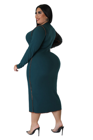 Final Sale Plus Size Ribbed BodyCon Colorblock Midi Dress with Outer Seams in Green and Orange
