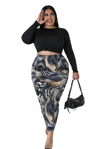 Final Sale Plus Size 2pc Long Sleeve Knotted Black Crop Top and Skirt Set in Multi Color Design Print