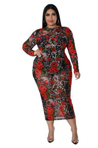 Final Sale Plus Size Long Sleeve Mesh Front Knot BodyCon Dress in Rose Print