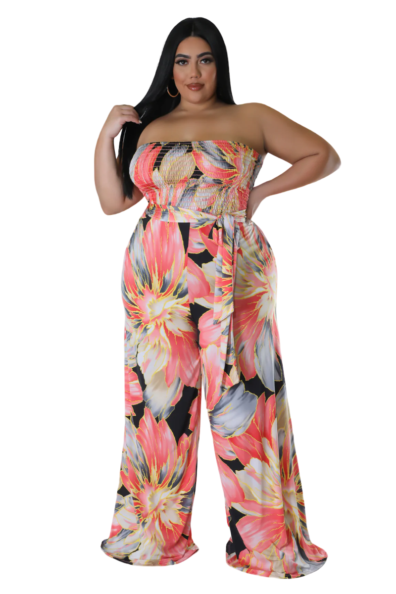 Final Sale Plus Size Strapless Jumpsuit with Waist Tie in Pink Floral Print