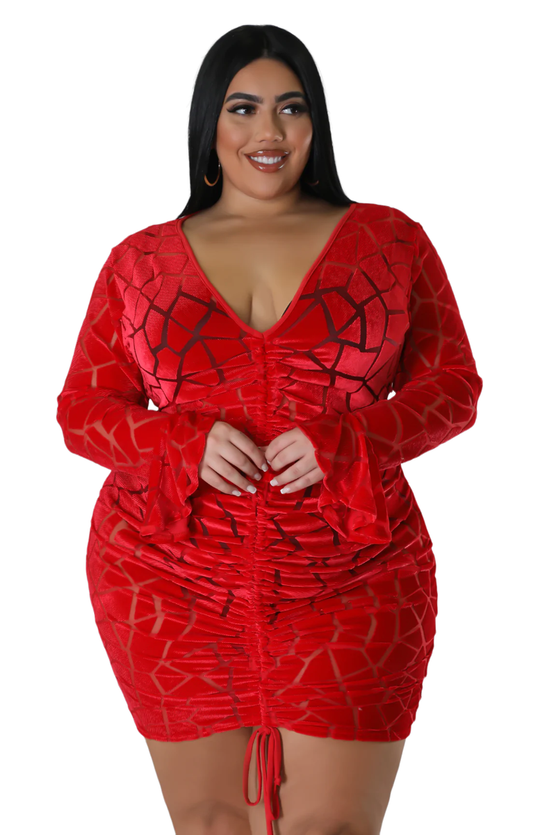 Final Sale Plus Size Bell Sleeve Velvet Mini BodyCon Dress with Ruched Drawstring in Red