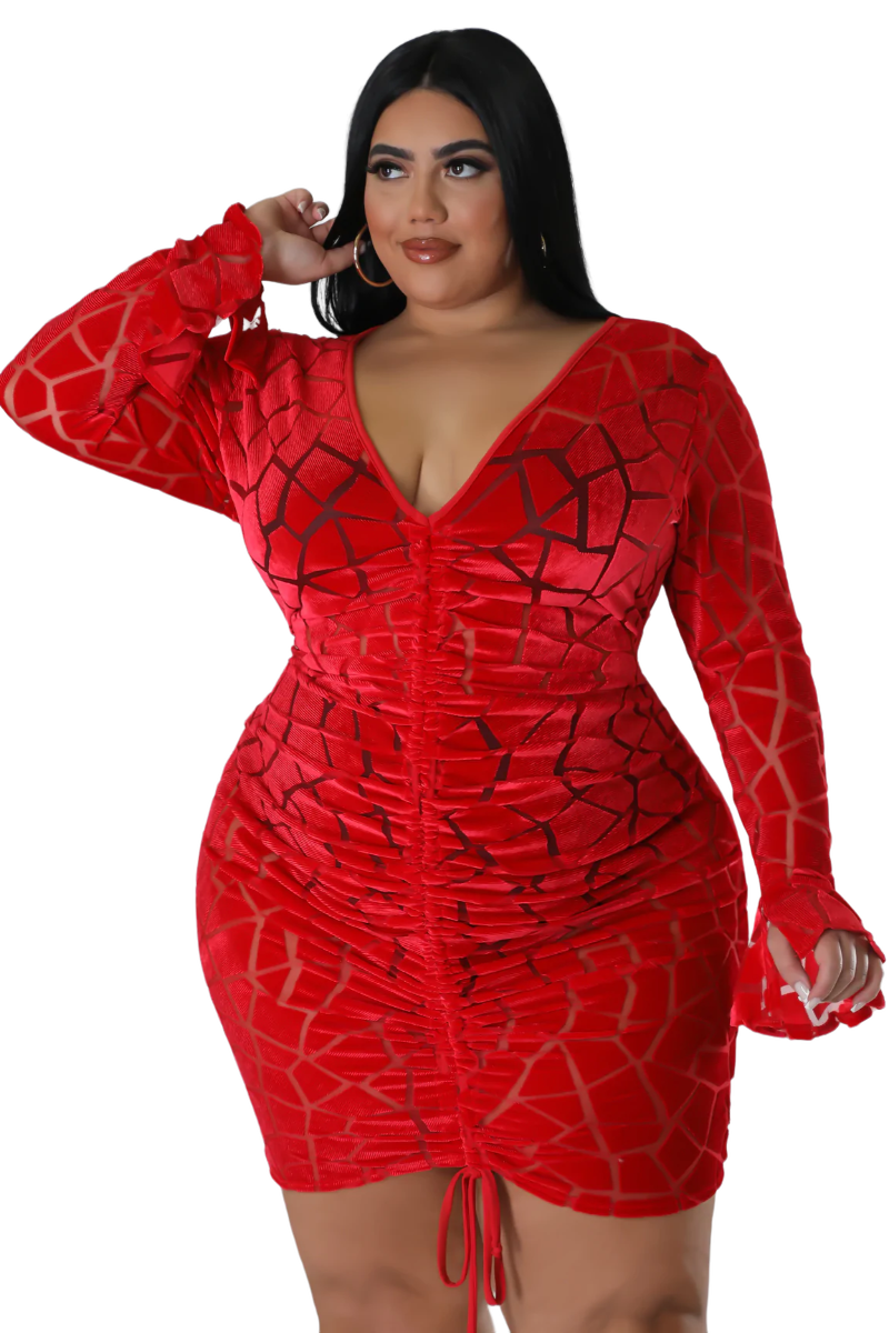 Final Sale Plus Size Bell Sleeve Velvet Mini BodyCon Dress with Ruched Drawstring in Red