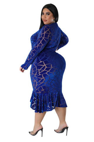 Final Sale Plus Size Faux Wrap Velour Sheer Mesh Panel Dress with Ruffle Flare Bottom in Royal Blue