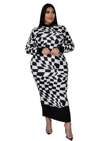 Final Sale Plus Size Midi Dress in Black and White Checker Print