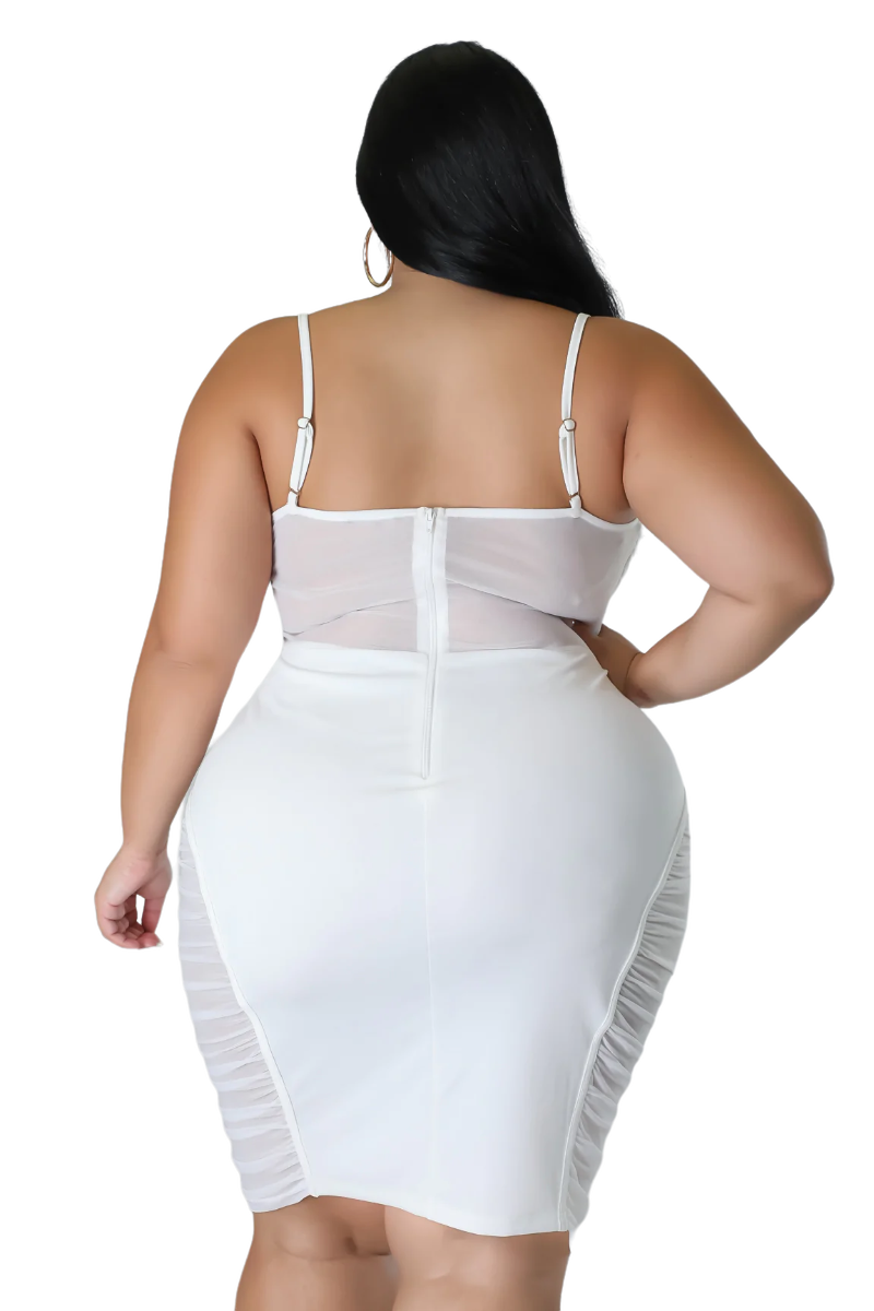 Final Sale Plus Size Sleeveless Midi Dress with Mesh Sides in Ivory Chic And Curvy Final Sale Plus Size Sleeveless Midi Dress with Mesh Sides in Ivory Chic And Curvy