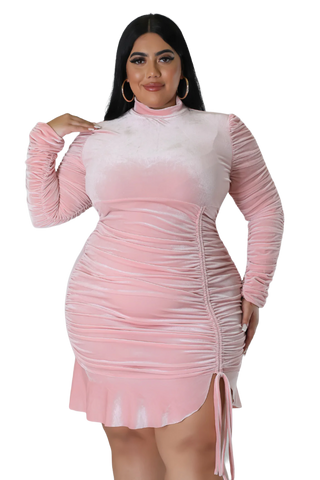 Final Sale Plus Size Long Sleeve Velvet Ruched Bodycon Dress with Bottom Ruffle in Mauve