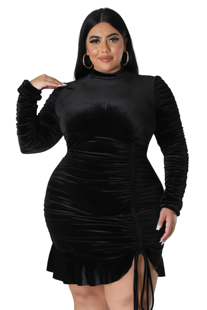 Final Sale Plus Size Long Sleeve Velvet Ruched Bodycon Dress with Bottom Ruffle in Black