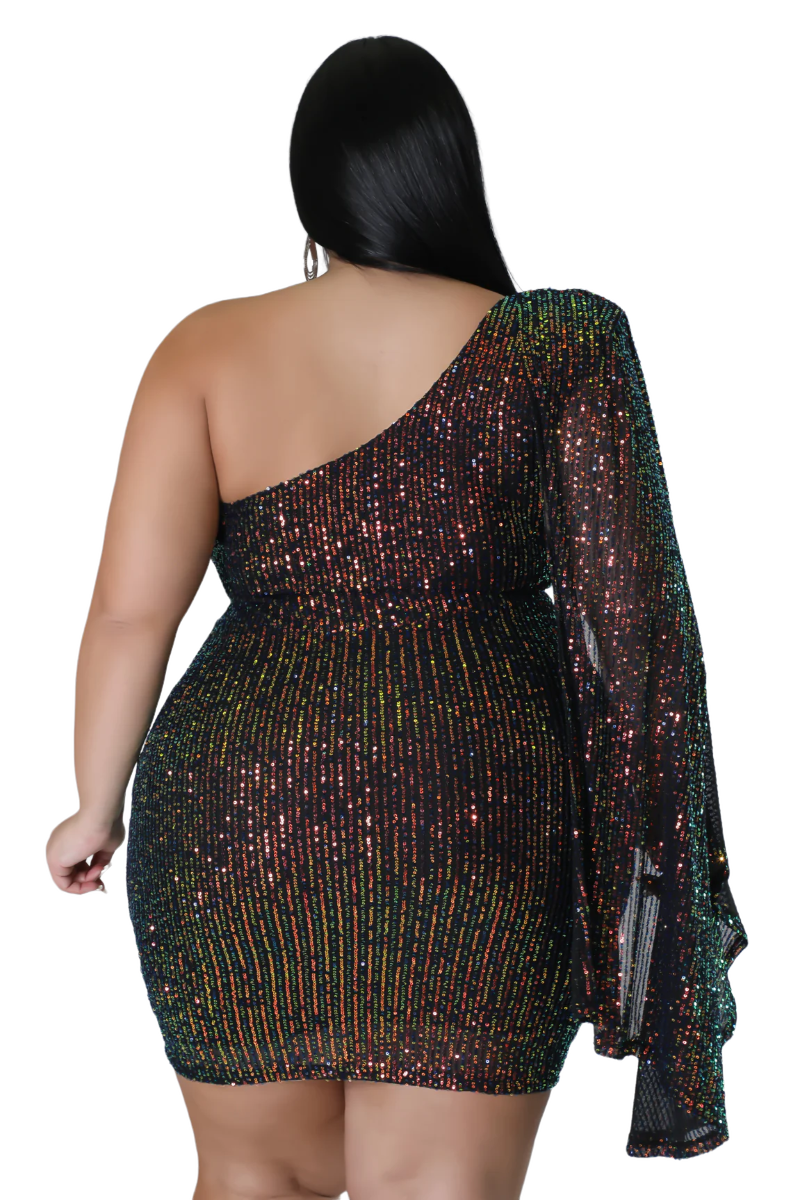 Final Sale Plus Size One Shoulder Dress with Slit Sleeve in Multi Color Sequin