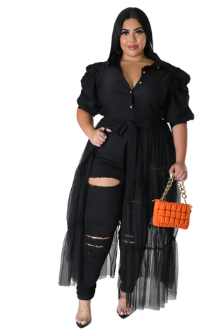 Final Sale Plus Size Puffy Sleeve Button Up Top with Mesh Train in Black