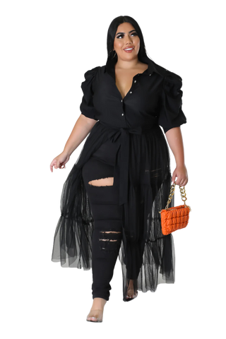 Final Sale Plus Size Puffy Sleeve Button Up Top with Mesh Train in Black