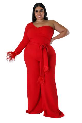 Available Online Only - Final Sale Plus Size One Shoulder Long Sleeve Feather Cuff Jumpsuit with Tie in Red