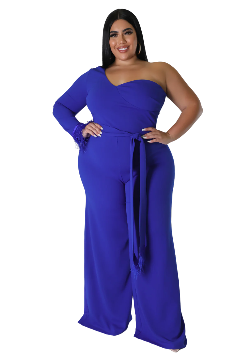 Available Online Only - Final Sale Plus Size One Shoulder Long Sleeve Feather Cuff Jumpsuit with Tie in Royal Blue