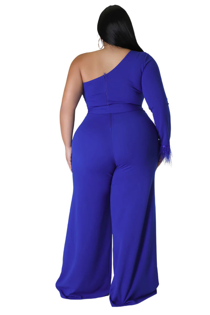 Available Online Only - Final Sale Plus Size One Shoulder Long Sleeve Feather Cuff Jumpsuit with Tie in Royal Blue