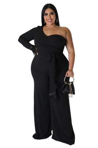 Final Sale Plus Size One Shoulder Long Sleeve Feather Cuff Jumpsuit with Tie in Black