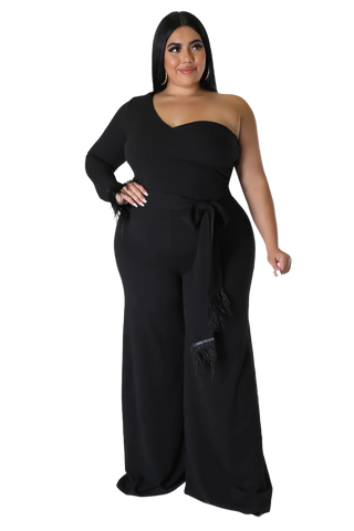 Final Sale Plus Size One Shoulder Long Sleeve Feather Cuff Jumpsuit with Tie in Black