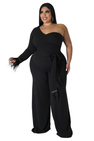 Final Sale Plus Size One Shoulder Long Sleeve Feather Cuff Jumpsuit with Tie in Black