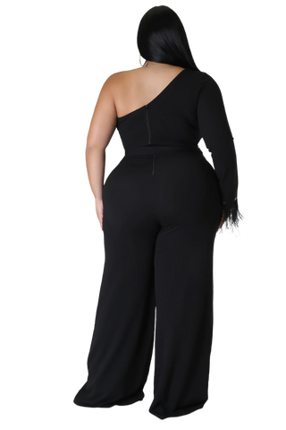 Final Sale Plus Size One Shoulder Long Sleeve Feather Cuff Jumpsuit with Tie in Black