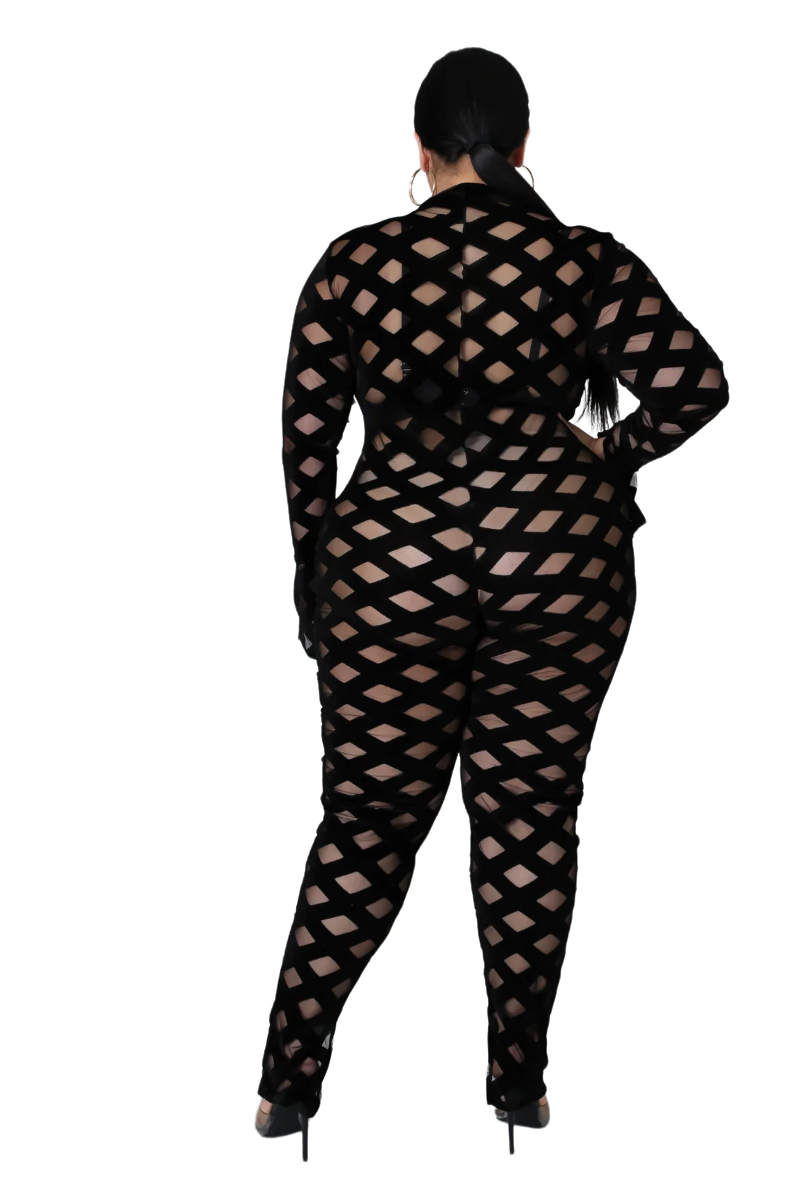 Final Sale Plus Size Sheer Zip-Up Bodycon Jumpsuit in Trellis Design in Black