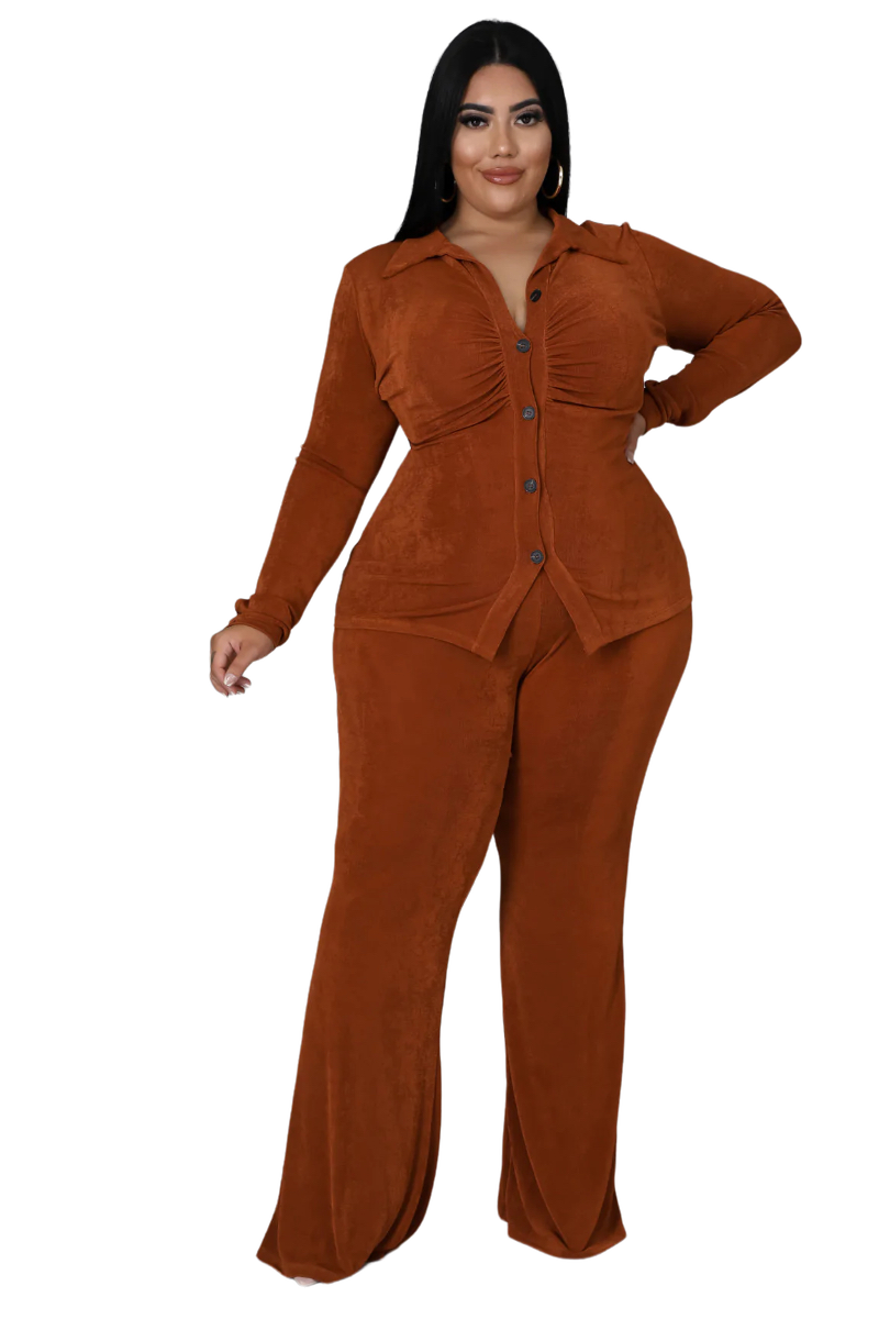 Final Sale Plus Size 2pc Slinky Button Up Collar Top and Pants Set in Cognac